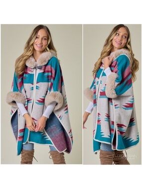 On Blue Southwestern Aztec Hooded Cape Poncho Fur Trim Prairie Cottage Core 0/S